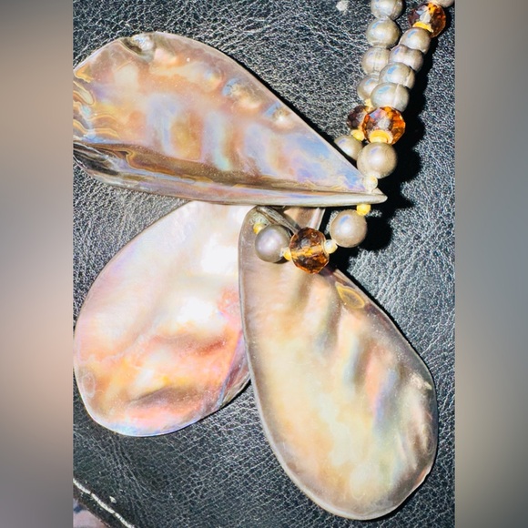 Elegant Iridescent pearl Shell Necklace w/Smokey topaz & gold beads .925 claps - Picture 6 of 9